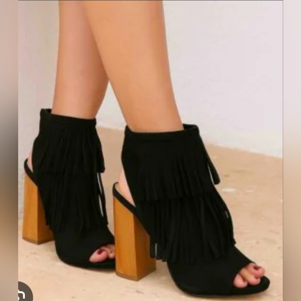 Y2k Black Fringe Open-Toe Heels